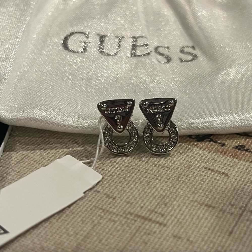 GUESS Silver-Tone Crystal Logo Earrings NWT and dust bag